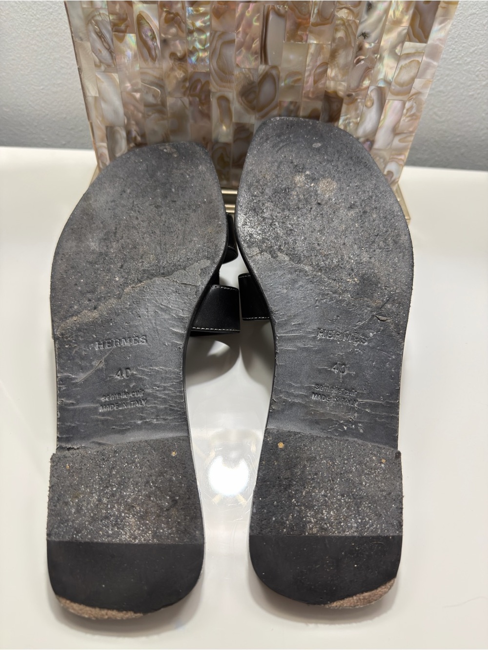 Hermes Black Leather 'H' Slide Sandals - Picture 4 of 4